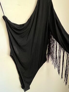 Black Bodysuit Leotard One Shoulder Arm Tassels Size Mediums Coachella Festival